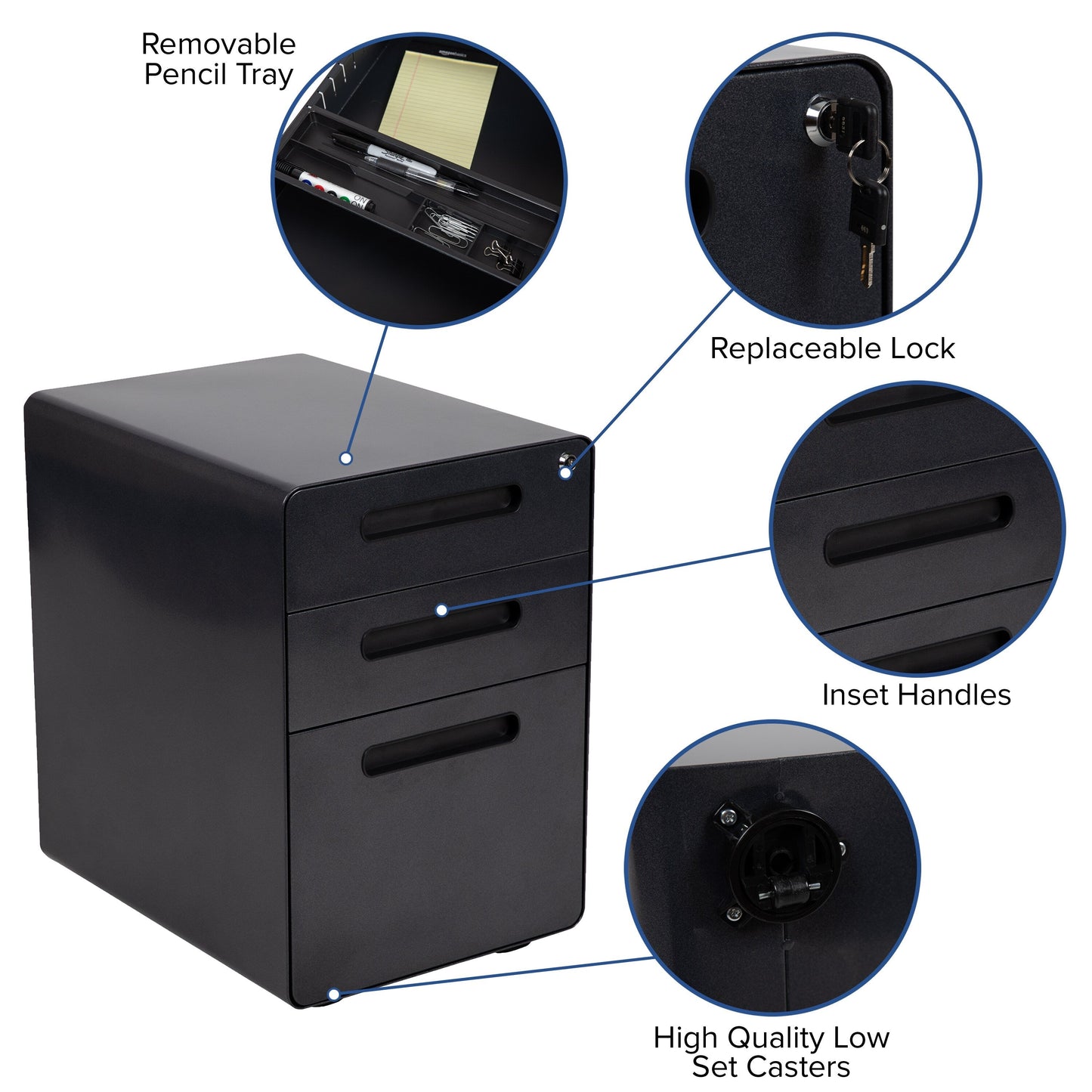 Flash Furniture Modern Black 3-Drawer Filing Cabinet - Ergonomic Mobile Design, Lockable, Commercial Grade Metal File Cabinet, 16  21  24in