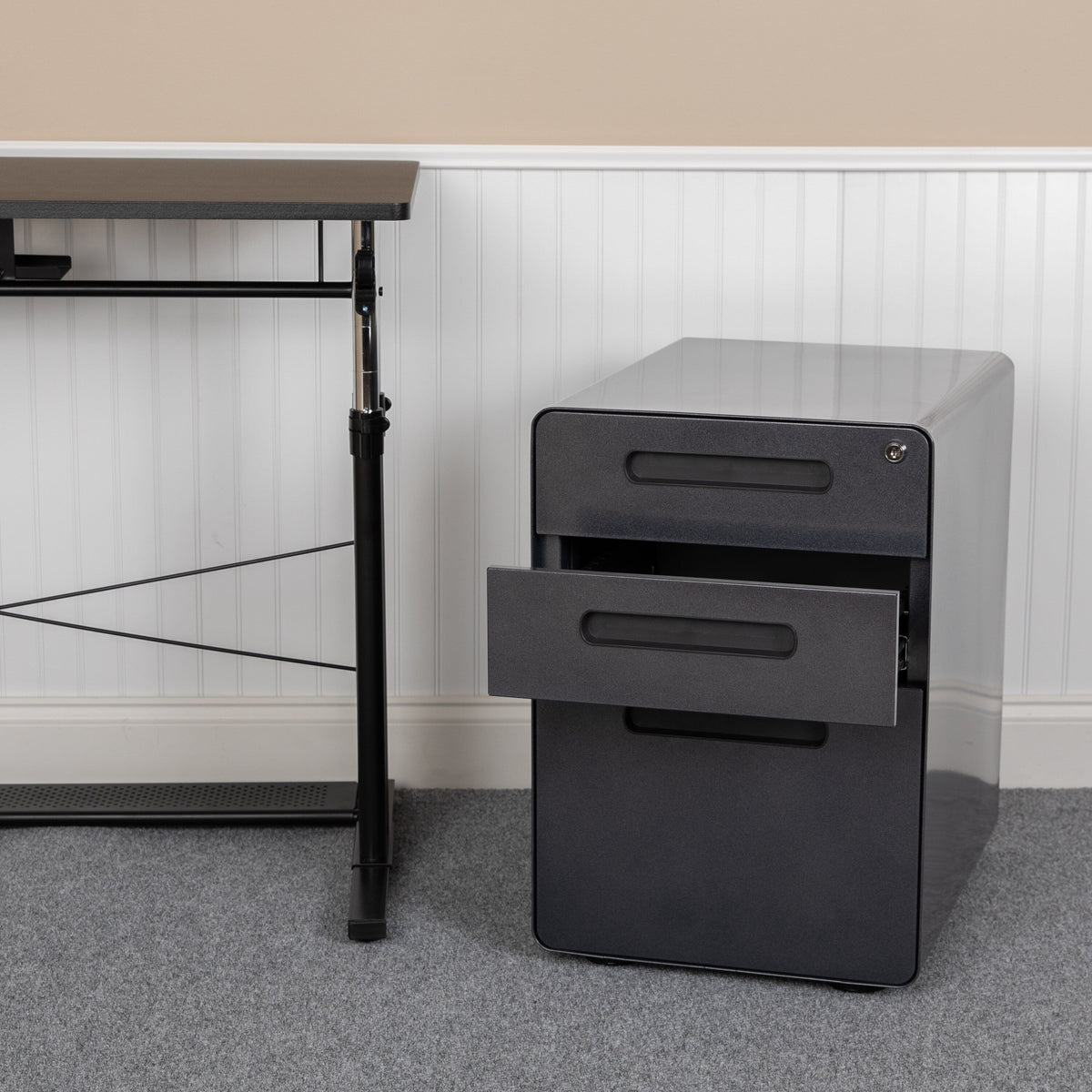 Flash Furniture Modern Black 3-Drawer Filing Cabinet - Ergonomic Mobile Design, Lockable, Commercial Grade Metal File Cabinet, 16  21  24in