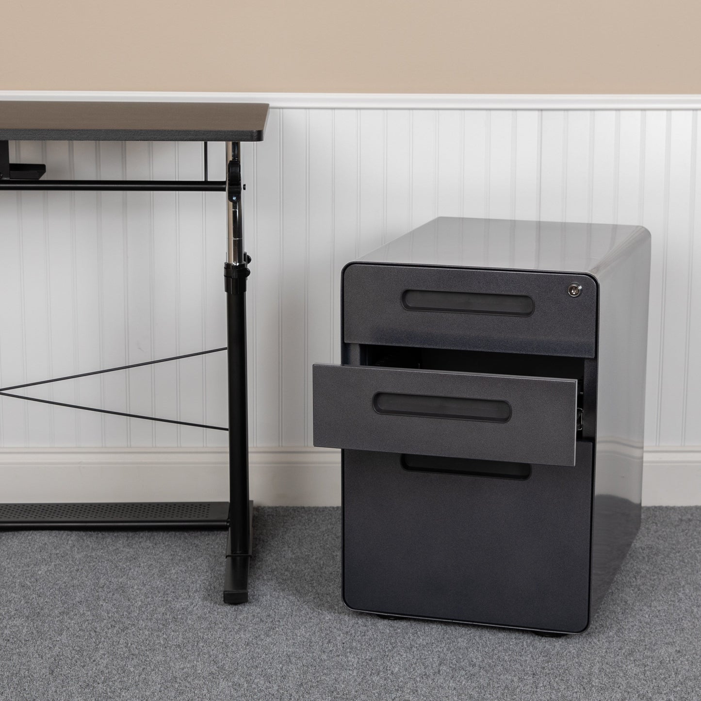 Flash Furniture Modern Black 3-Drawer Filing Cabinet - Ergonomic Mobile Design, Lockable, Commercial Grade Metal File Cabinet, 16  21  24in