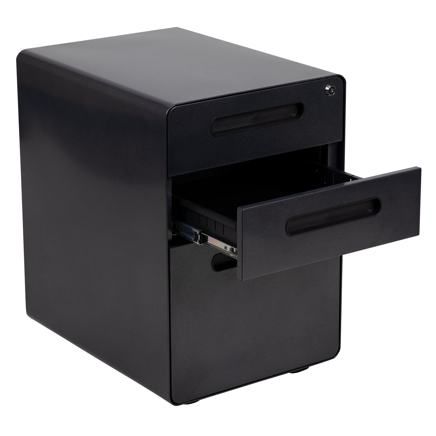 Flash Furniture Modern Black 3-Drawer Filing Cabinet - Ergonomic Mobile Design, Lockable, Commercial Grade Metal File Cabinet, 16  21  24in