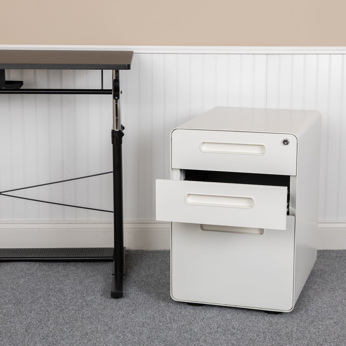 Flash Furniture Modern White 3-Drawer Filing Cabinet - Ergonomic Mobile Design, Lockable, Commercial Grade, Metal Construction, Rolling, 16x24x21 Inches