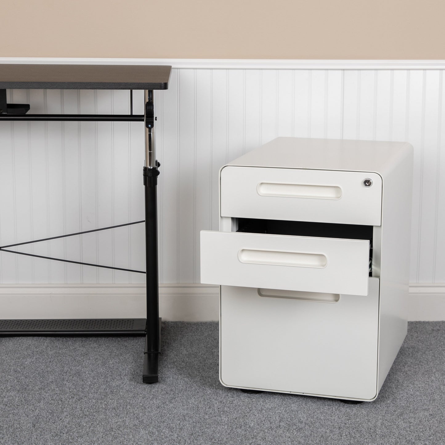 Flash Furniture Modern White 3-Drawer Filing Cabinet - Ergonomic Mobile Design, Lockable, Commercial Grade, Metal Construction, Rolling, 16x24x21 Inches