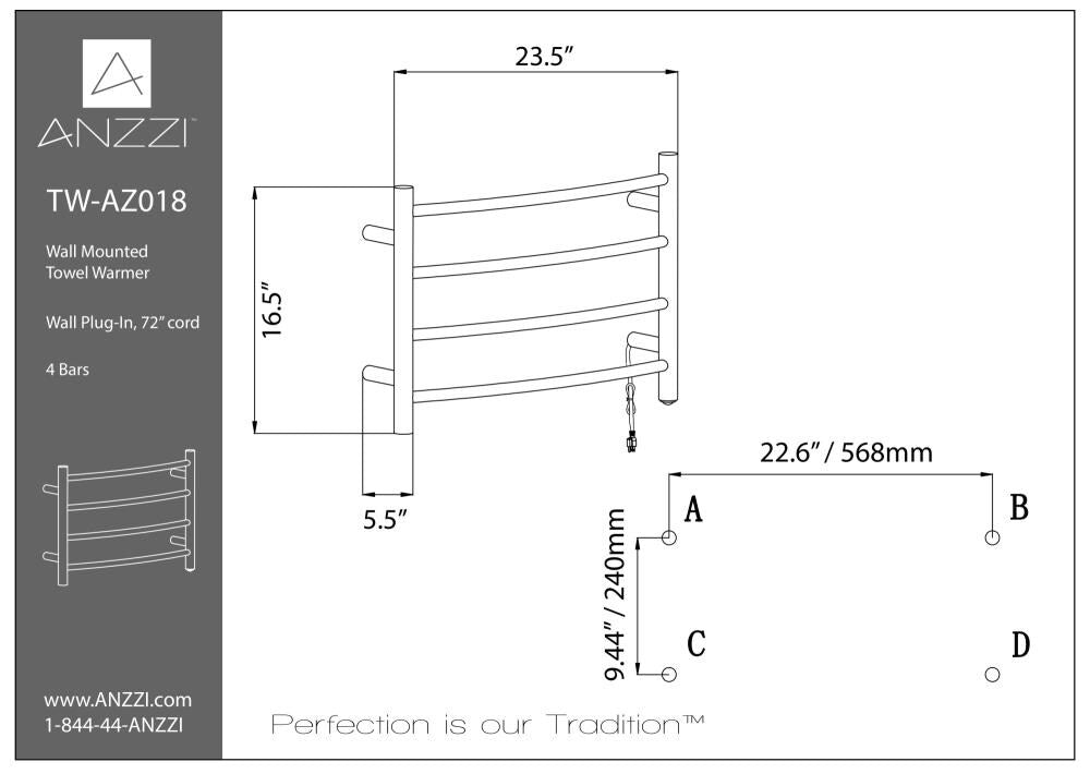 ANZZI Brushed Nickel Plug-In Wall-Mount Towel Warmer, 4-Bar, 16.5 in H x 23.5 in W x 5.5 in D