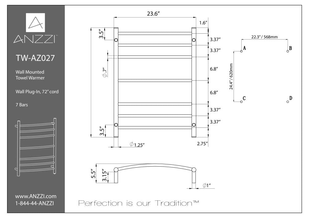ANZZI Gown 7-Bar Matte Black Plug-In Wall-Mount Towel Warmer, 23.6 in W x 31.5 in H