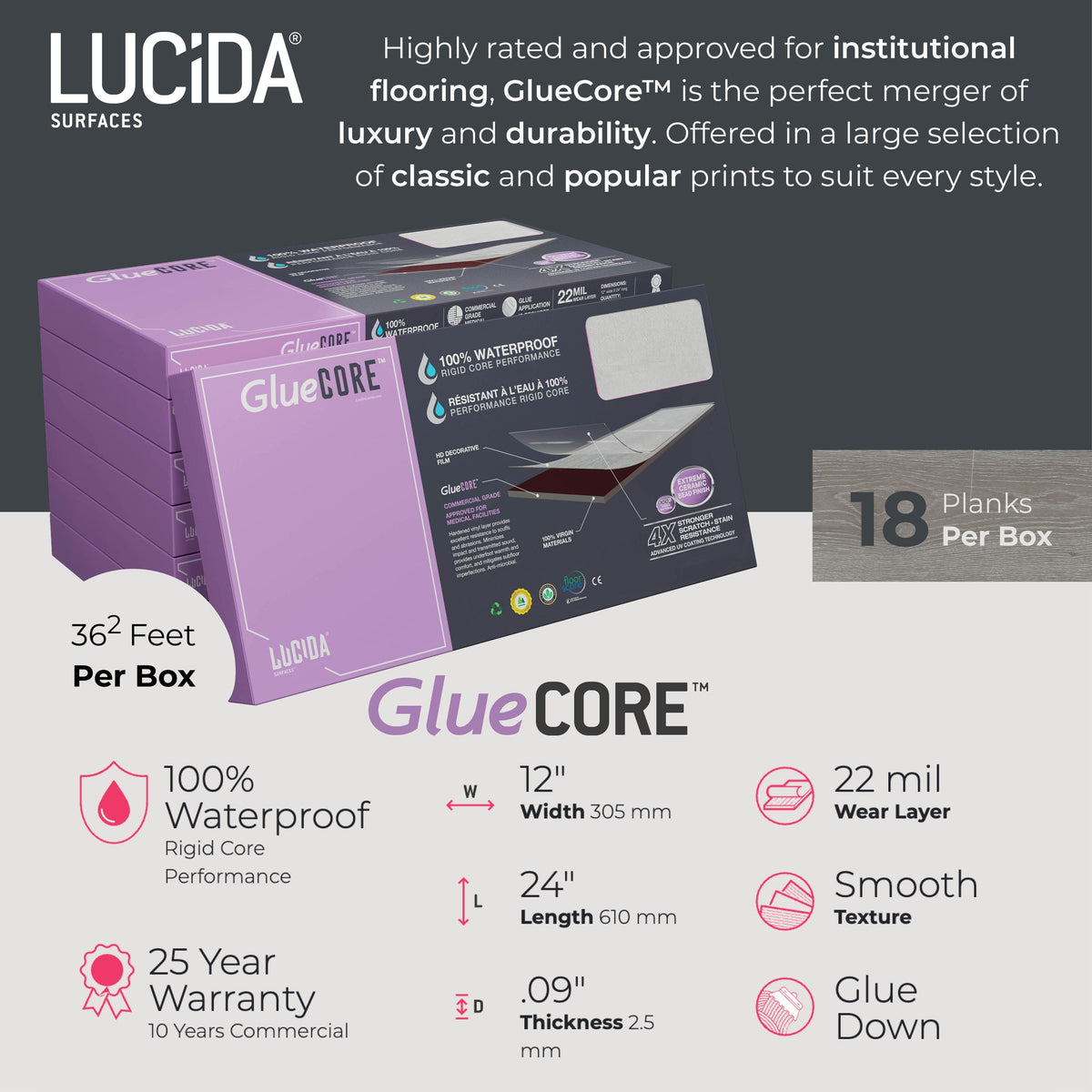 Lucida USA Gluecore Whitstone White 22-mil x 12-in W x 24-in L Waterproof Glue Down Luxury Vinyl Plank Flooring (36-sq ft/ Carton)