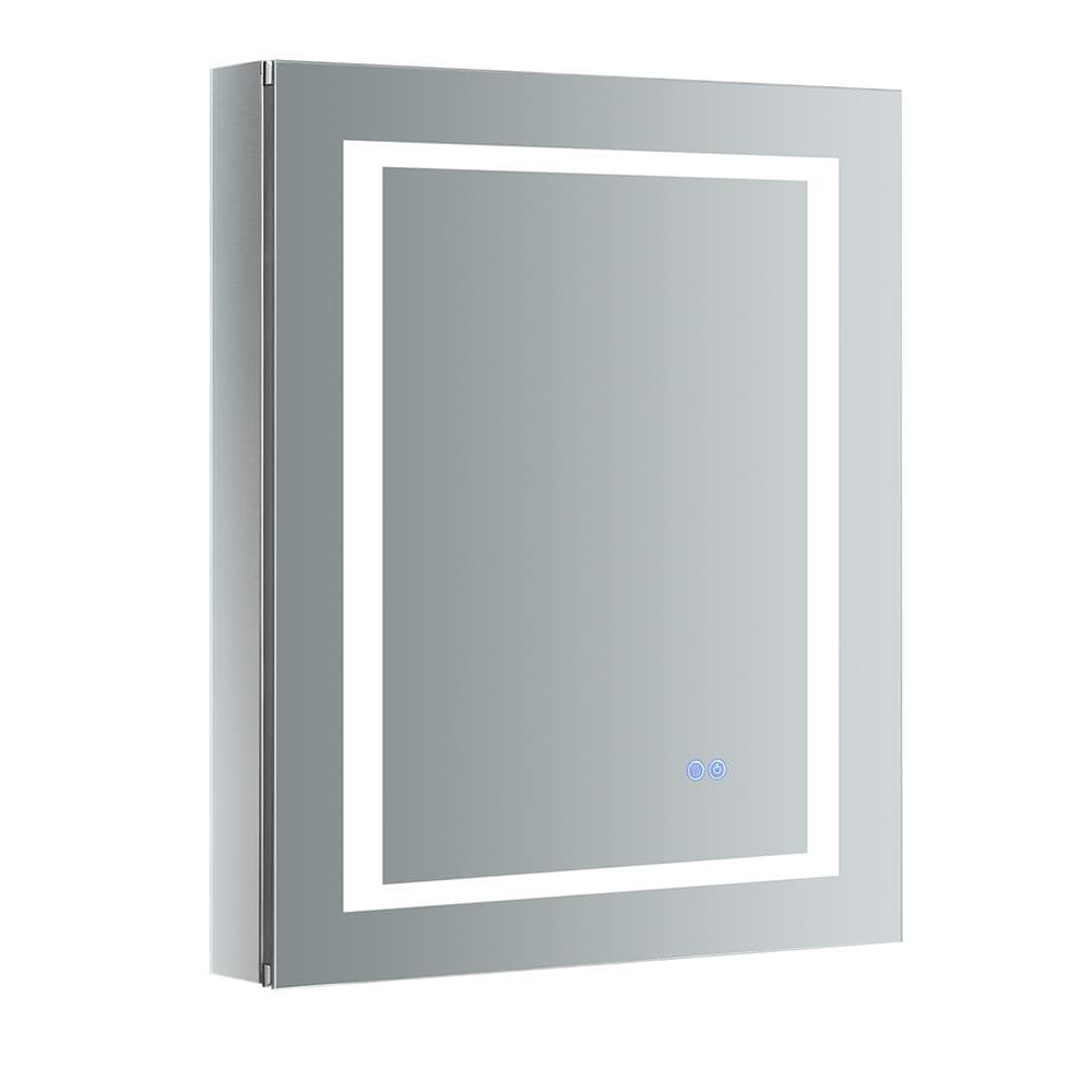 Fresca Spazio 24-in x 30-in Lighted LED Fog Free Surface/Recessed Mount LED Lighting Mirror- Left Mirrored Soft Close Medicine Cabinet with Outlet