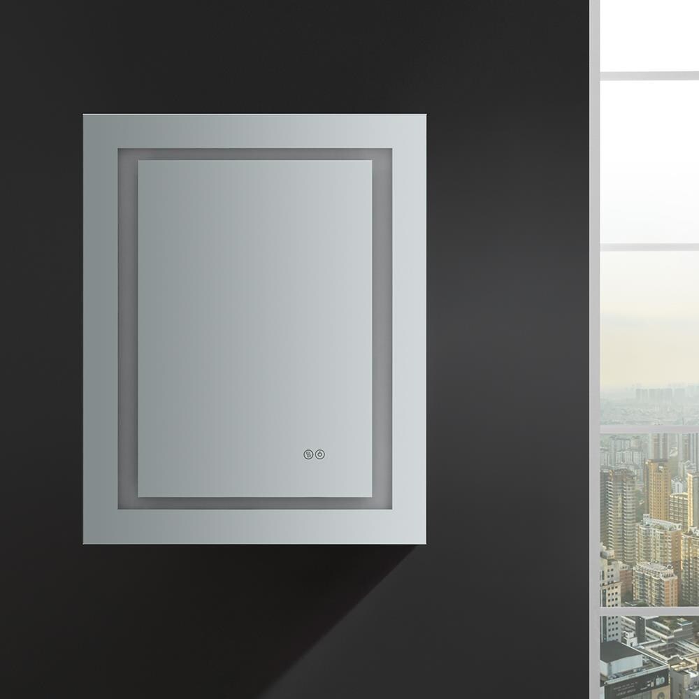Fresca Spazio 24-in x 30-in Lighted LED Fog Free Surface/Recessed Mount LED Lighting Mirror- Left Mirrored Soft Close Medicine Cabinet with Outlet
