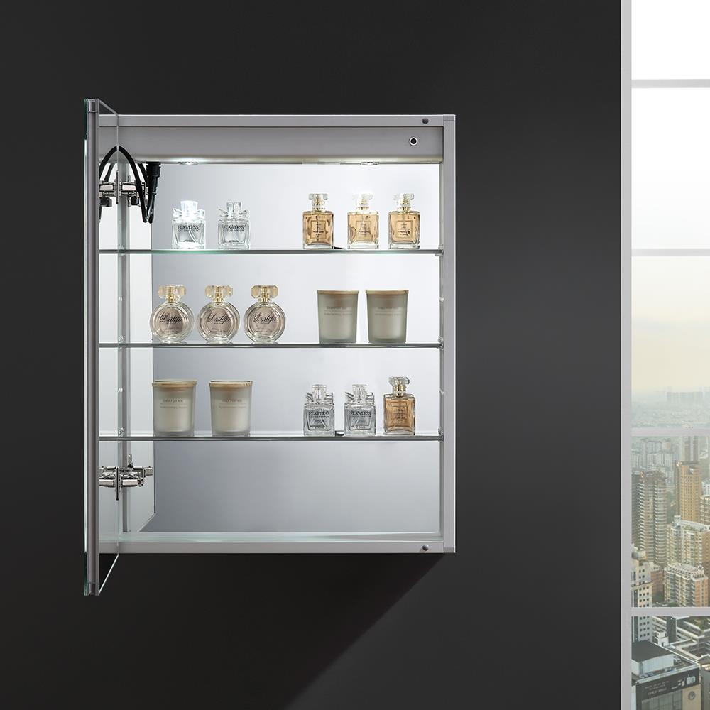 Fresca Spazio 24-in x 30-in Lighted LED Fog Free Surface/Recessed Mount LED Lighting Mirror- Left Mirrored Soft Close Medicine Cabinet with Outlet