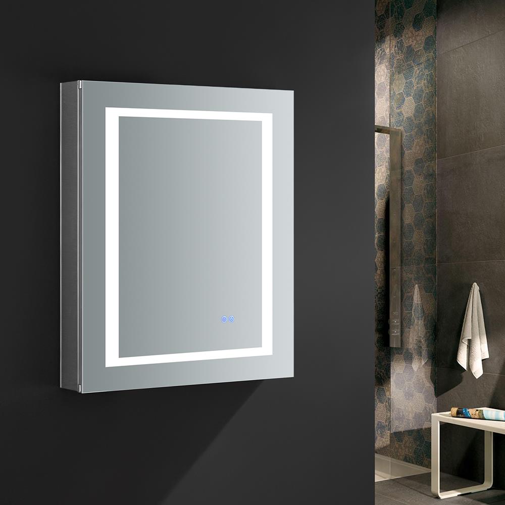 Fresca Spazio 24-in x 30-in Lighted LED Fog Free Surface/Recessed Mount LED Lighting Mirror- Left Mirrored Soft Close Medicine Cabinet with Outlet