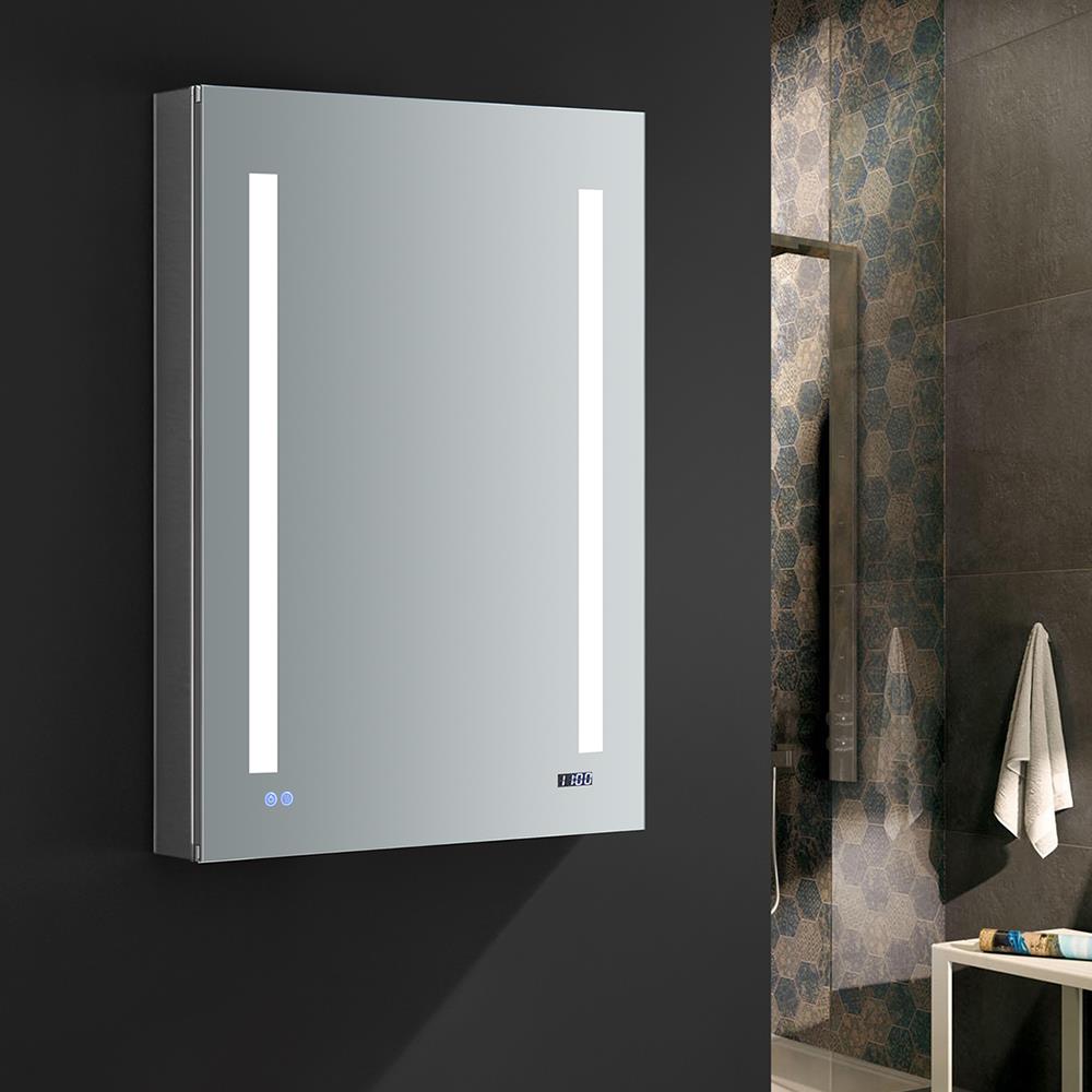 Fresca Tiempo 24-in x 36-in Lighted LED Fog Free Surface/Recessed Mount LED Lighting- Right Mirrored Soft Close Medicine Cabinet with Outlet
