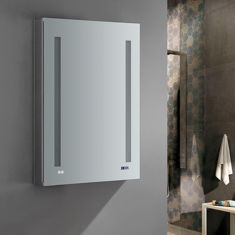 Fresca Tiempo 24-in x 36-in Lighted LED Fog Free Surface/Recessed Mount LED Lighting- Right Mirrored Soft Close Medicine Cabinet with Outlet