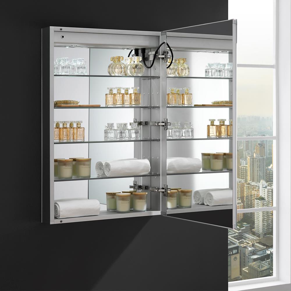 Fresca Tiempo 24-in x 36-in Lighted LED Fog Free Surface/Recessed Mount LED Lighting- Right Mirrored Soft Close Medicine Cabinet with Outlet