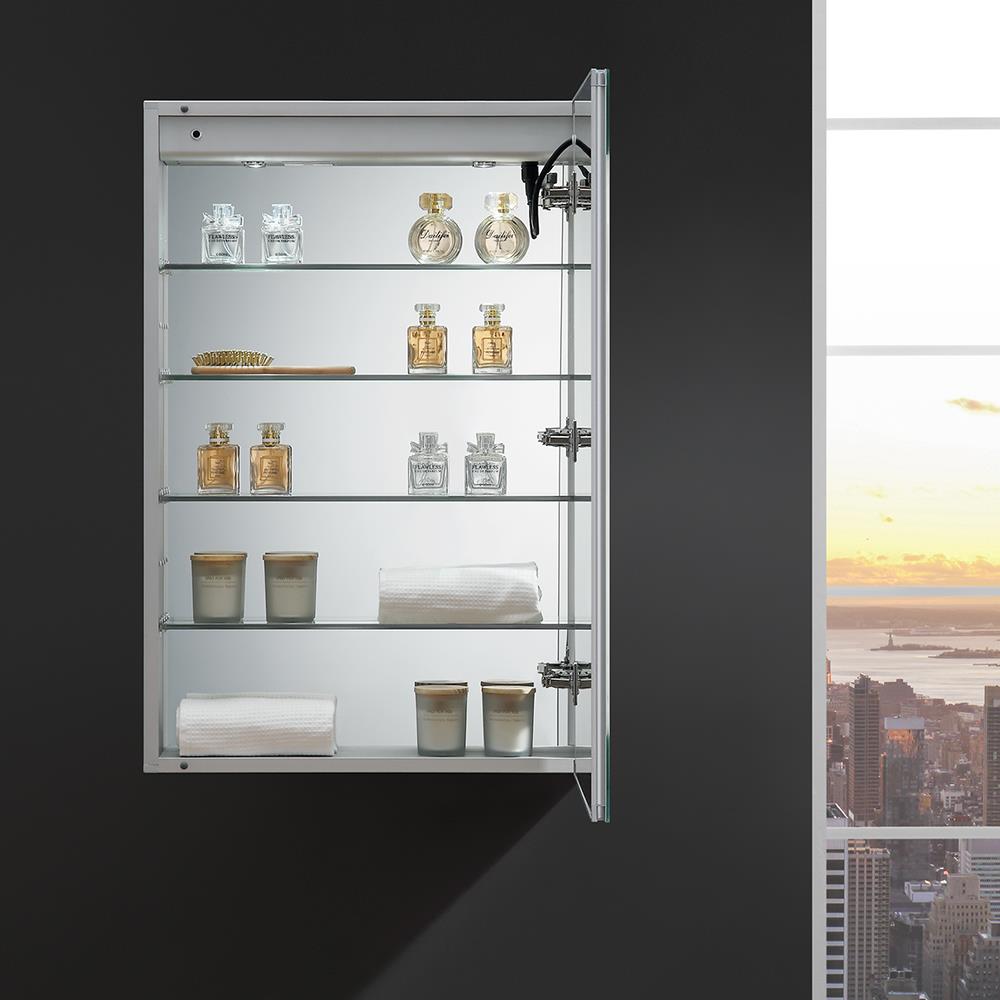 Fresca Tiempo 24-in x 36-in Lighted LED Fog Free Surface/Recessed Mount LED Lighting- Right Mirrored Soft Close Medicine Cabinet with Outlet