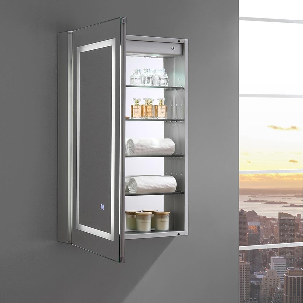 Fresca Spazio 24-in x 36-in Lighted LED Fog Free Surface/Recessed Mount LED Lighting Mirror- Left Mirrored Soft Close Medicine Cabinet with Outlet