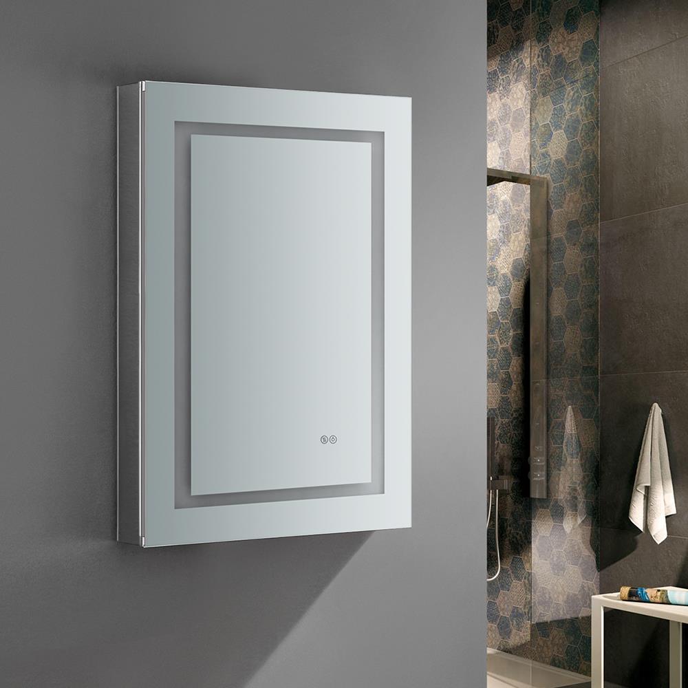 Fresca Spazio 24-in x 36-in Lighted LED Fog Free Surface/Recessed Mount LED Lighting Mirror- Left Mirrored Soft Close Medicine Cabinet with Outlet