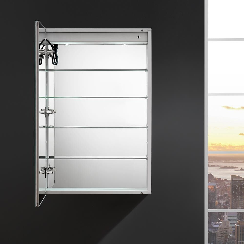 Fresca Spazio 24-in x 36-in Lighted LED Fog Free Surface/Recessed Mount LED Lighting Mirror- Left Mirrored Soft Close Medicine Cabinet with Outlet