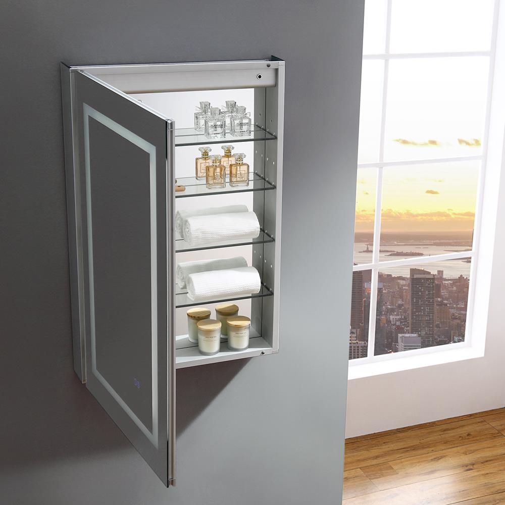 Fresca Spazio 24-in x 36-in Lighted LED Fog Free Surface/Recessed Mount LED Lighting Mirror- Left Mirrored Soft Close Medicine Cabinet with Outlet