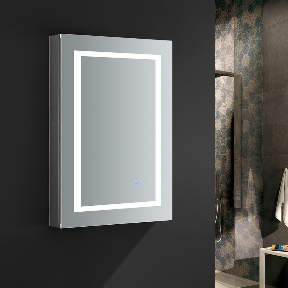 Fresca Spazio 24-in x 36-in Lighted LED Fog Free Surface/Recessed Mount LED Lighting Mirror- Left Mirrored Soft Close Medicine Cabinet with Outlet