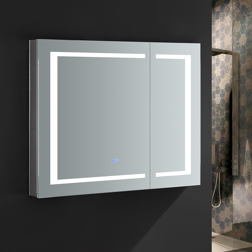 Fresca Spazio 36-in x 30-in Lighted LED Fog Free Surface/Recessed Mount LED Lighting Mirror Mirrored Soft Close Medicine Cabinet with Outlet