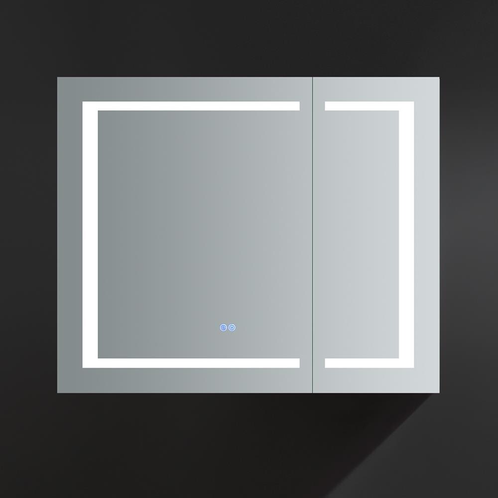Fresca Spazio 36-in x 30-in Lighted LED Fog Free Surface/Recessed Mount LED Lighting Mirror Mirrored Soft Close Medicine Cabinet with Outlet