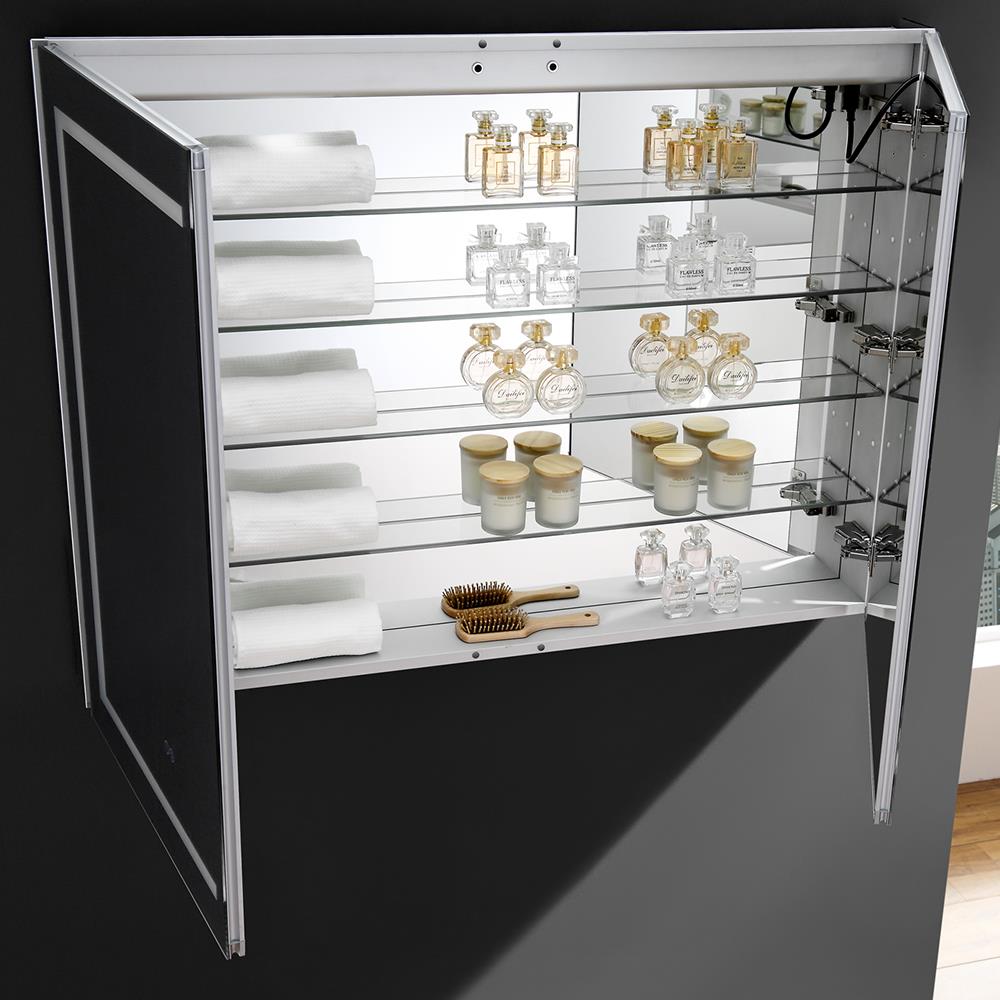 Fresca Spazio 48-in x 36-in Lighted LED Fog Free Surface/Recessed Mount LED Lighting Mirror Mirrored Soft Close Medicine Cabinet with Outlet