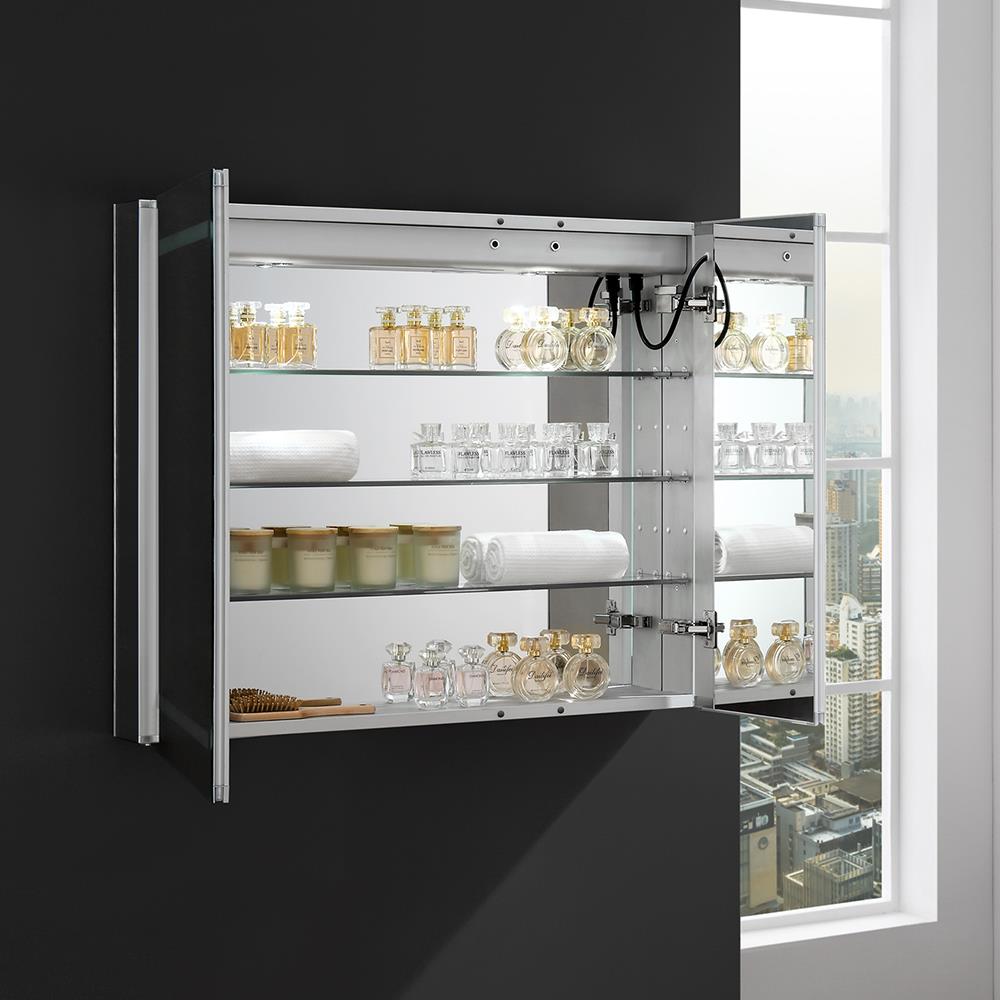 Fresca Spazio 36-in x 30-in Lighted LED Fog Free Surface/Recessed Mount LED Lighting Mirror Mirrored Soft Close Medicine Cabinet with Outlet