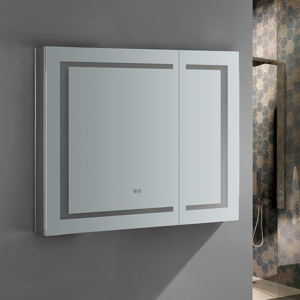 Fresca Spazio 36-in x 30-in Lighted LED Fog Free Surface/Recessed Mount LED Lighting Mirror Mirrored Soft Close Medicine Cabinet with Outlet