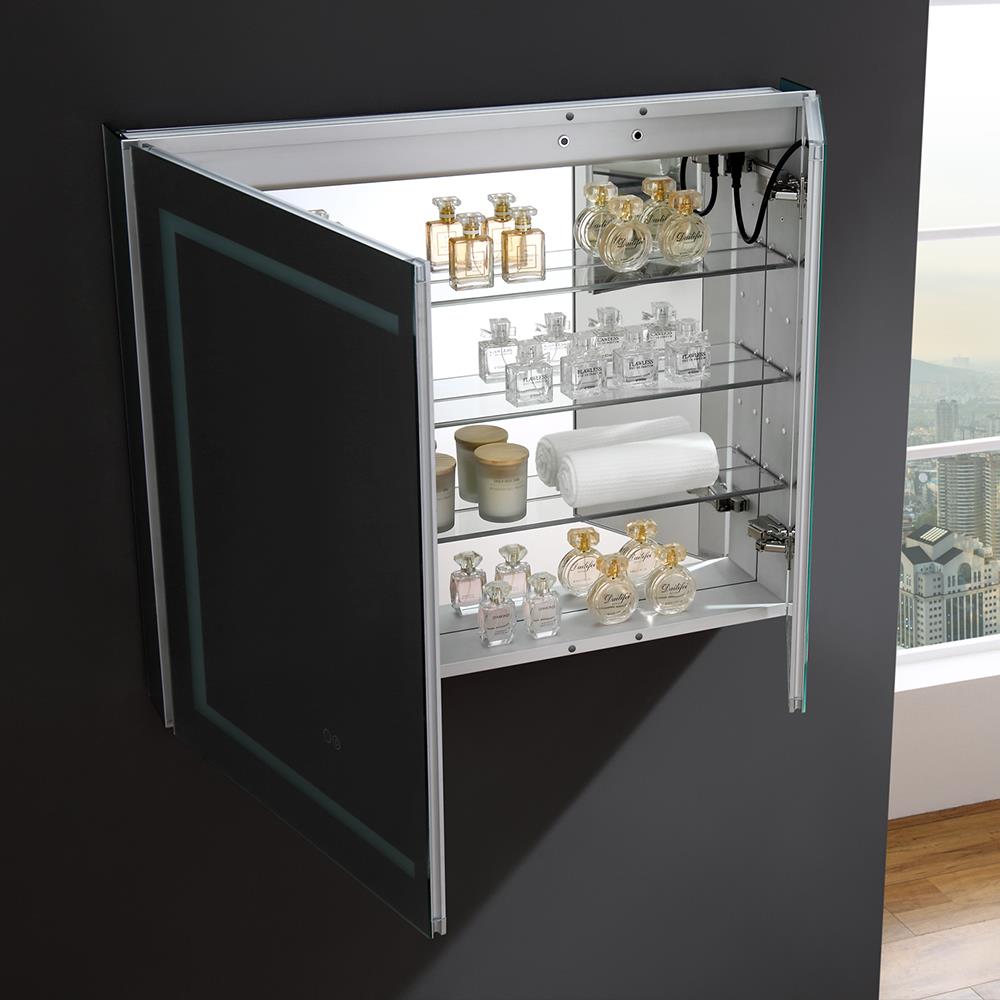 Fresca Spazio 36-in x 30-in Lighted LED Fog Free Surface/Recessed Mount LED Lighting Mirror Mirrored Soft Close Medicine Cabinet with Outlet