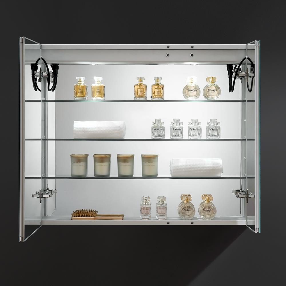 Fresca Spazio 36-in x 30-in Lighted LED Fog Free Surface/Recessed Mount LED Lighting Mirror Mirrored Soft Close Medicine Cabinet with Outlet