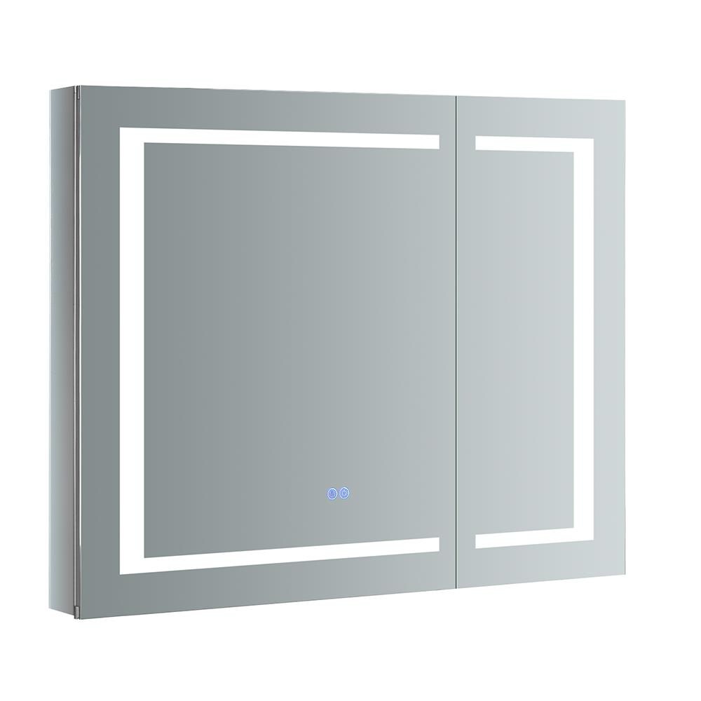 Fresca Spazio 36-in x 30-in Lighted LED Fog Free Surface/Recessed Mount LED Lighting Mirror Mirrored Soft Close Medicine Cabinet with Outlet