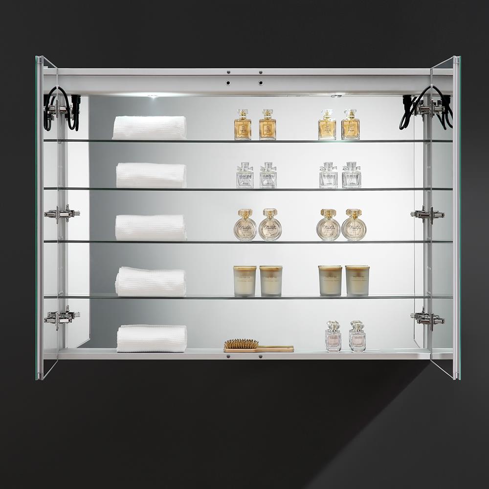 Fresca Spazio 48-in x 36-in Lighted LED Fog Free Surface/Recessed Mount LED Lighting Mirror Mirrored Soft Close Medicine Cabinet with Outlet