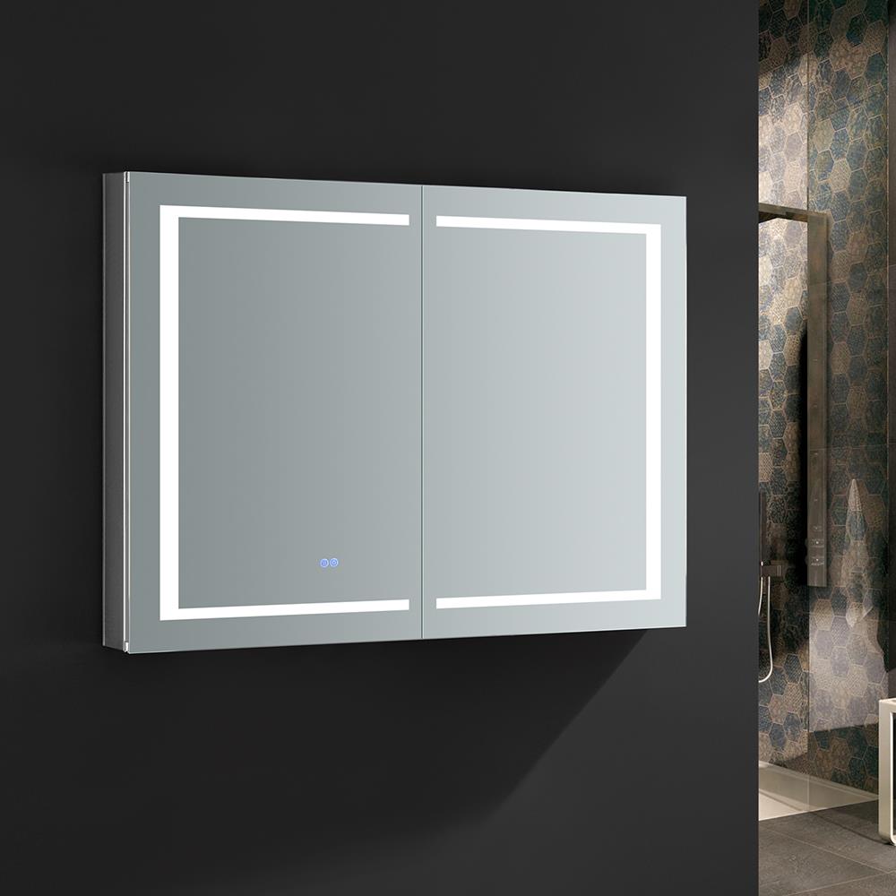 Fresca Spazio 48-in x 36-in Lighted LED Fog Free Surface/Recessed Mount LED Lighting Mirror Mirrored Soft Close Medicine Cabinet with Outlet