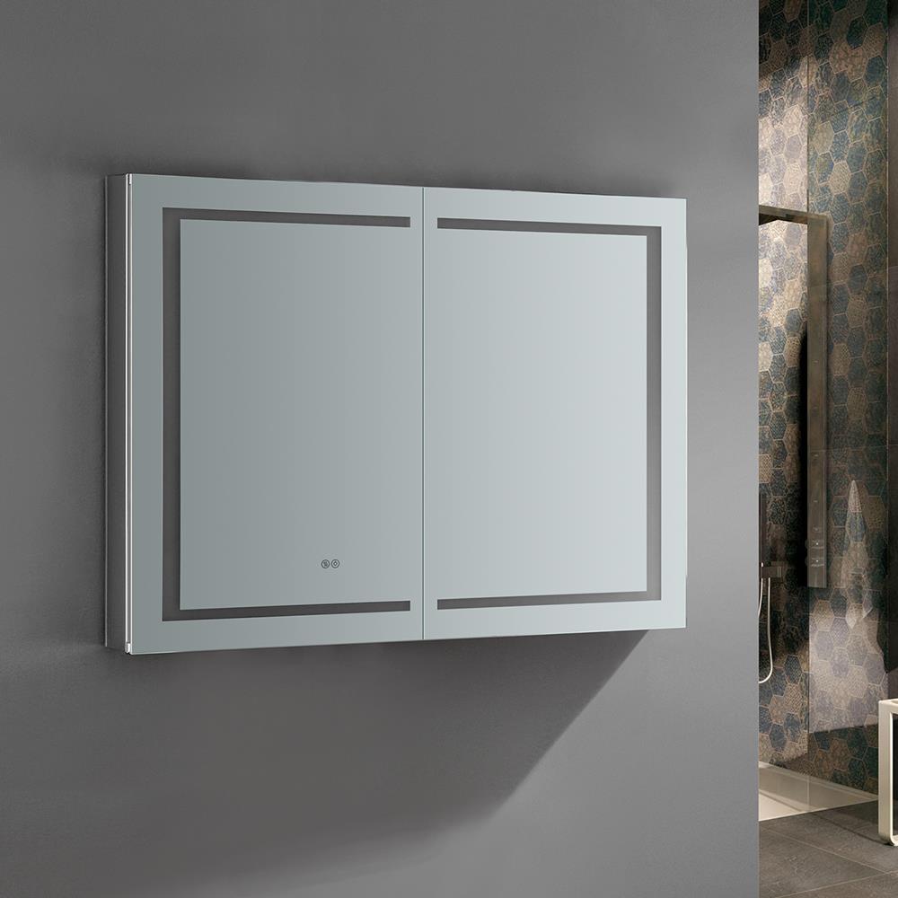 Fresca Spazio 48-in x 36-in Lighted LED Fog Free Surface/Recessed Mount LED Lighting Mirror Mirrored Soft Close Medicine Cabinet with Outlet