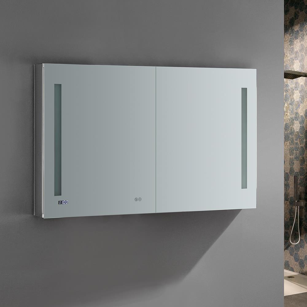 Fresca Tiempo 48-in x 30-in Lighted LED Fog Free Surface/Recessed Mount LED Lighting Mirrored Soft Close Medicine Cabinet with Outlet