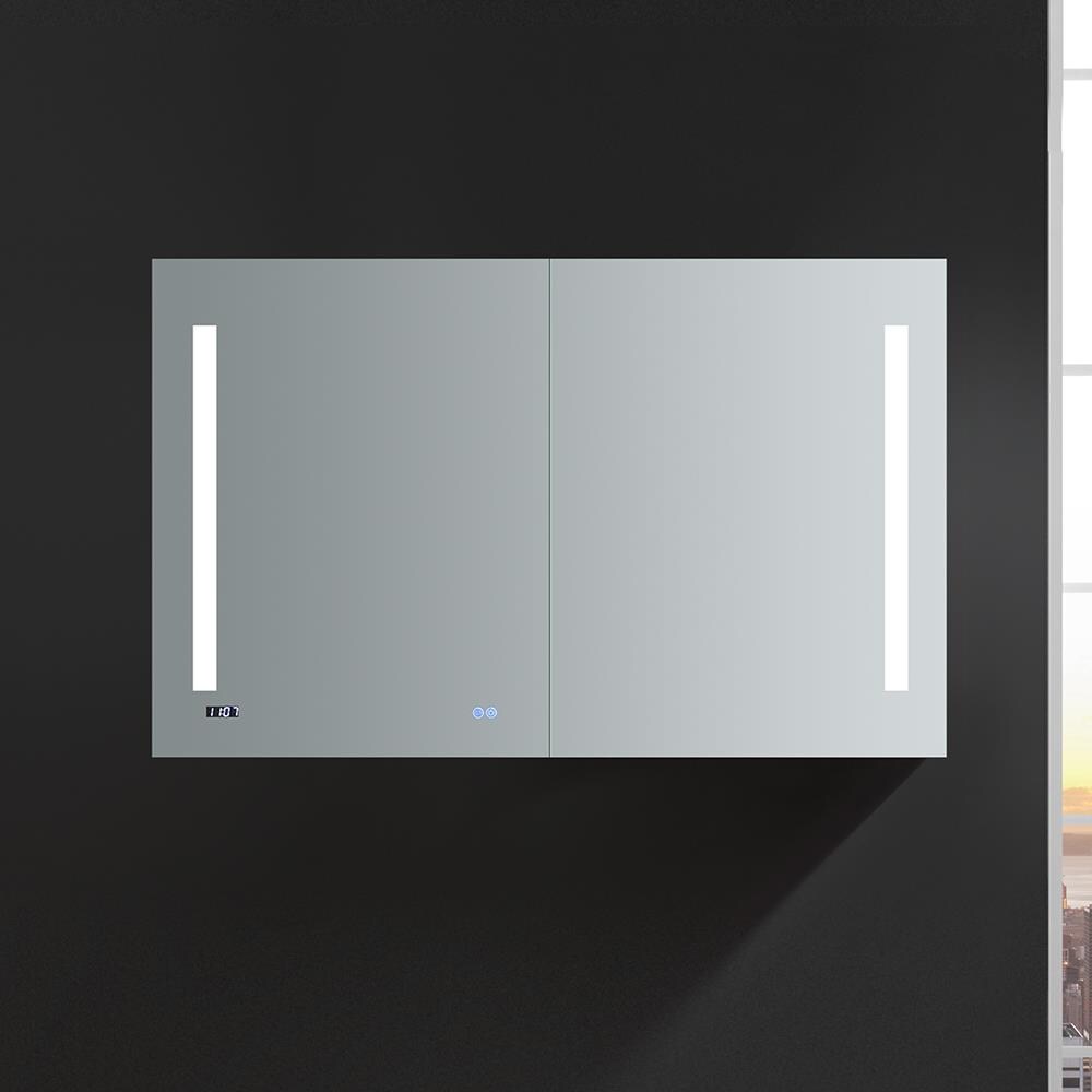 Fresca Tiempo 48-in x 30-in Lighted LED Fog Free Surface/Recessed Mount LED Lighting Mirrored Soft Close Medicine Cabinet with Outlet