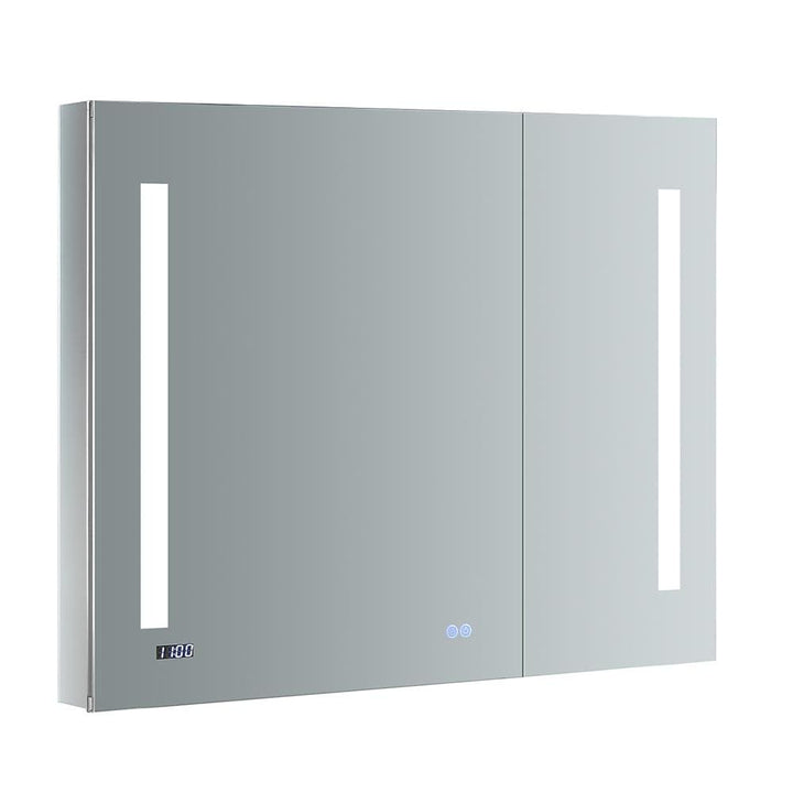 Fresca Tiempo 36-in x 30-in Lighted LED Fog Free Surface/Recessed Mount LED Lighting Mirrored Soft Close Medicine Cabinet with Outlet