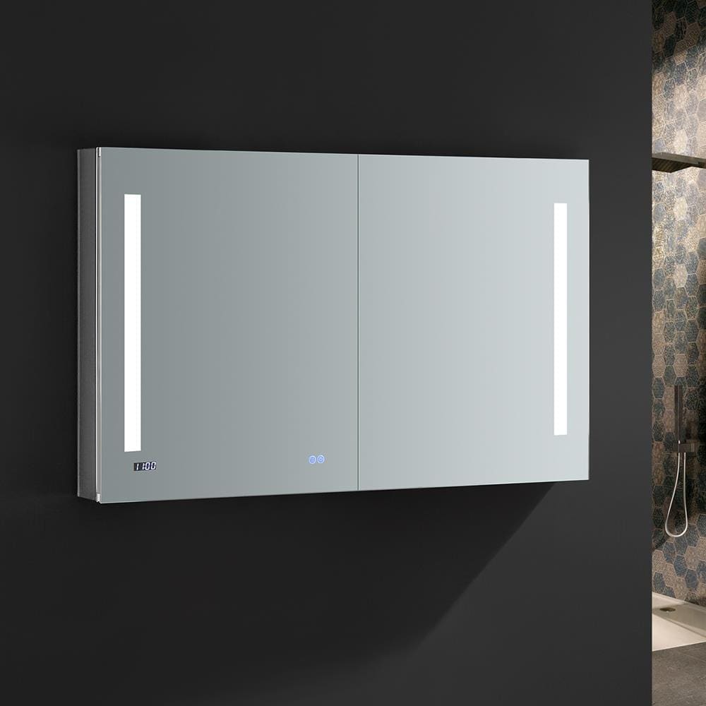 Fresca Tiempo 48-in x 30-in Lighted LED Fog Free Surface/Recessed Mount LED Lighting Mirrored Soft Close Medicine Cabinet with Outlet