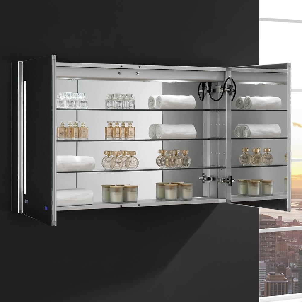 Fresca Tiempo 48-in x 30-in Lighted LED Fog Free Surface/Recessed Mount LED Lighting Mirrored Soft Close Medicine Cabinet with Outlet