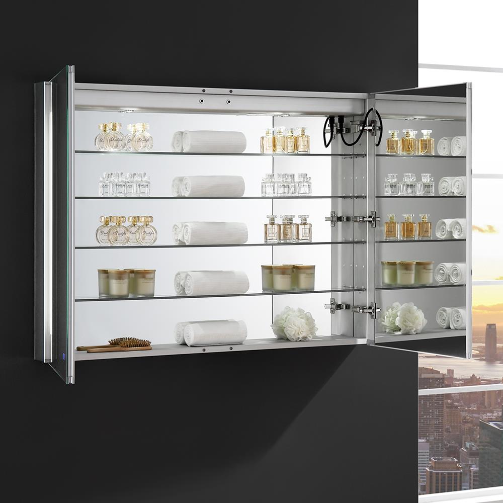 Fresca Tiempo 48-in x 36-in Lighted LED Fog Free Surface/Recessed Mount LED Lighting Mirrored Soft Close Medicine Cabinet with Outlet