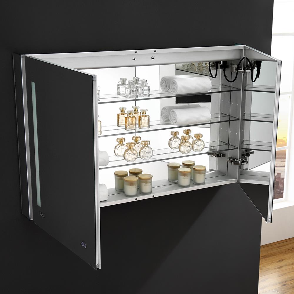 Fresca Tiempo 48-in x 30-in Lighted LED Fog Free Surface/Recessed Mount LED Lighting Mirrored Soft Close Medicine Cabinet with Outlet