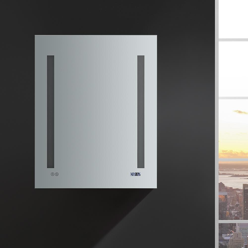 Fresca Tiempo 24-in x 30-in Lighted LED Fog Free Surface/Recessed Mount LED Lighting- Right Mirrored Soft Close Medicine Cabinet with Outlet