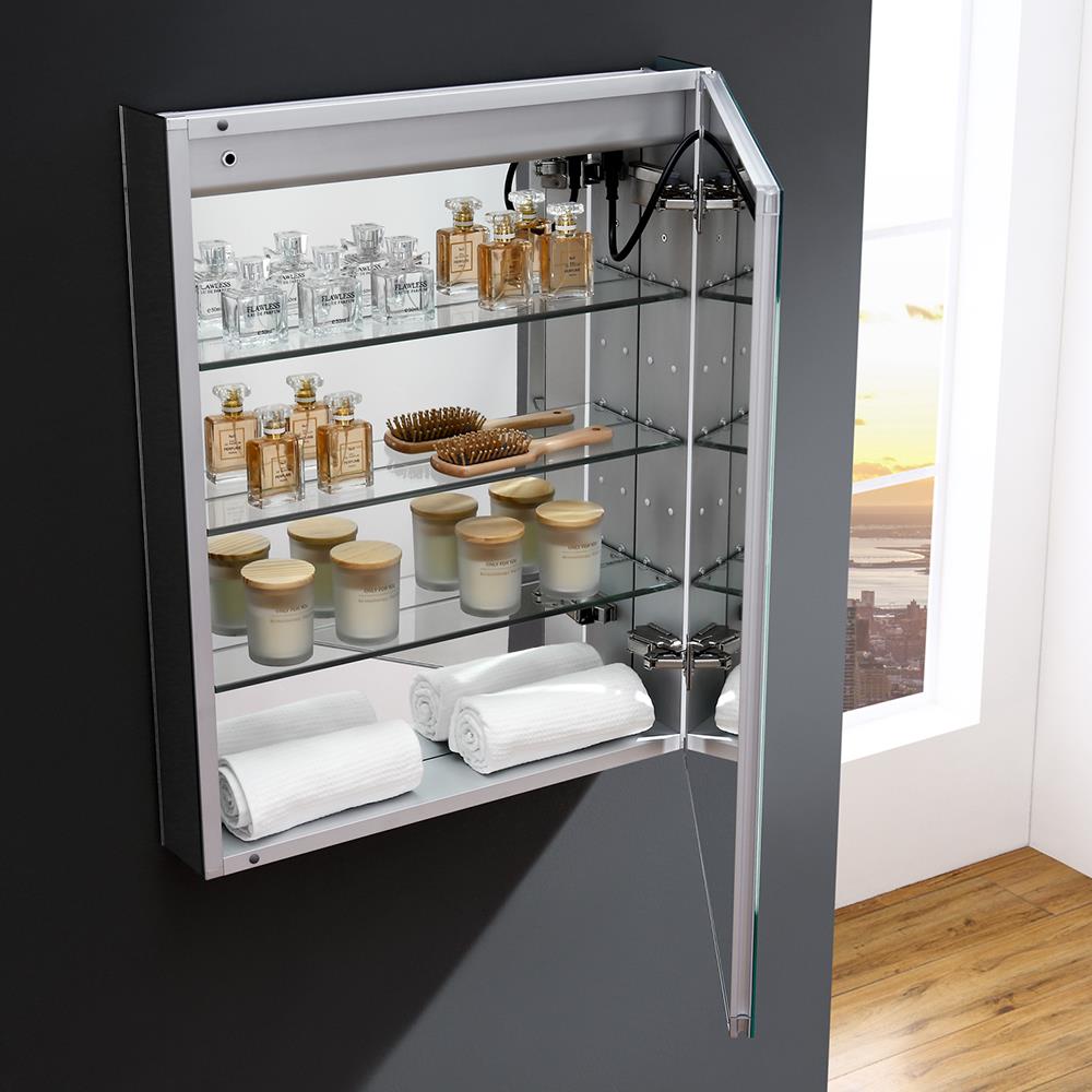 Fresca Tiempo 24-in x 30-in Lighted LED Fog Free Surface/Recessed Mount LED Lighting- Right Mirrored Soft Close Medicine Cabinet with Outlet