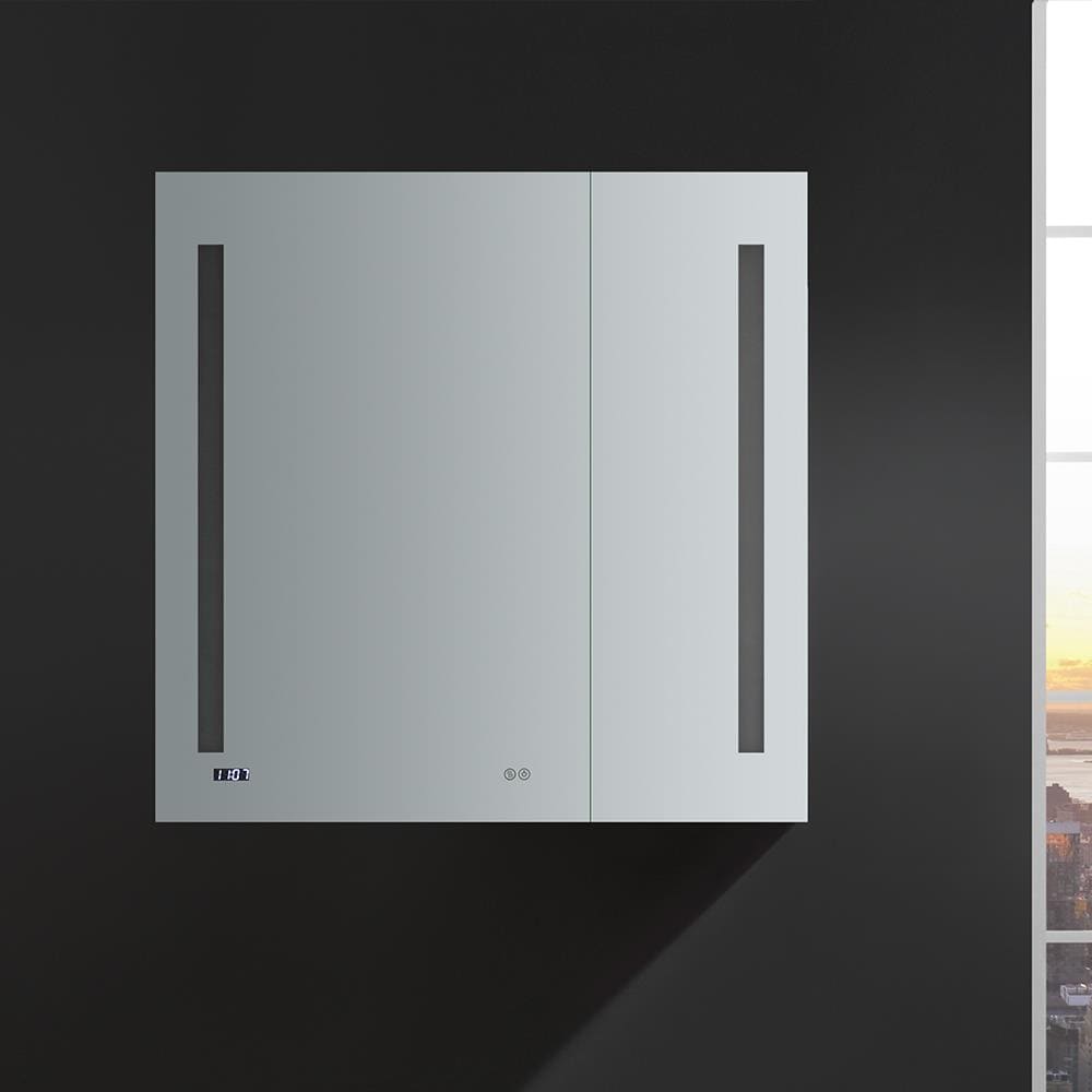 Fresca Tiempo 35.4-in x 35.4-in Lighted LED Fog Free Surface/Recessed Mount LED Lighting Mirrored Soft Close Medicine Cabinet with Outlet