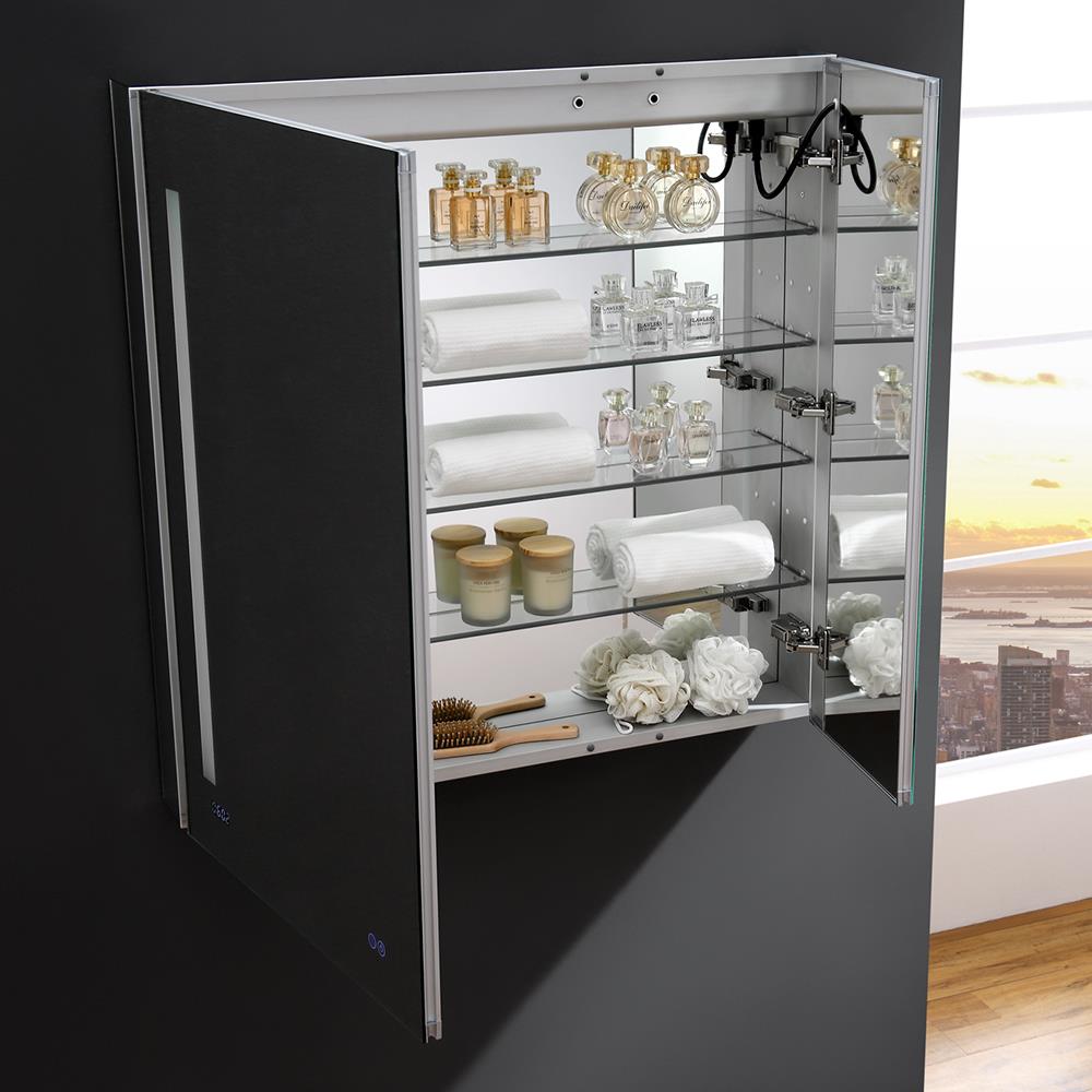 Fresca Tiempo 35.4-in x 35.4-in Lighted LED Fog Free Surface/Recessed Mount LED Lighting Mirrored Soft Close Medicine Cabinet with Outlet