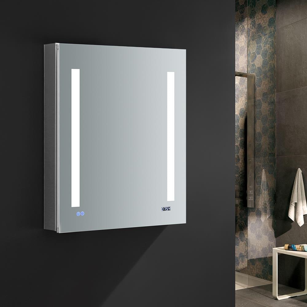 Fresca Tiempo 24-in x 30-in Lighted LED Fog Free Surface/Recessed Mount LED Lighting- Right Mirrored Soft Close Medicine Cabinet with Outlet