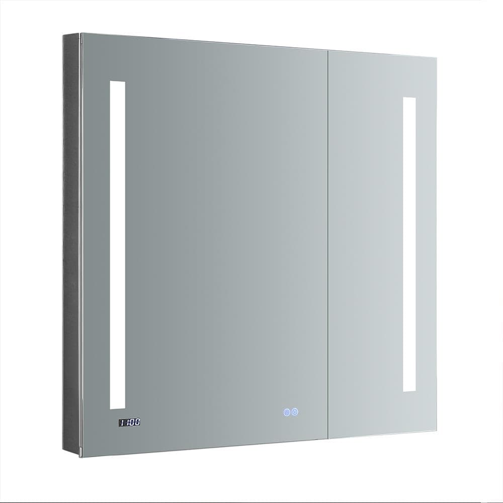 Fresca Tiempo 35.4-in x 35.4-in Lighted LED Fog Free Surface/Recessed Mount LED Lighting Mirrored Soft Close Medicine Cabinet with Outlet