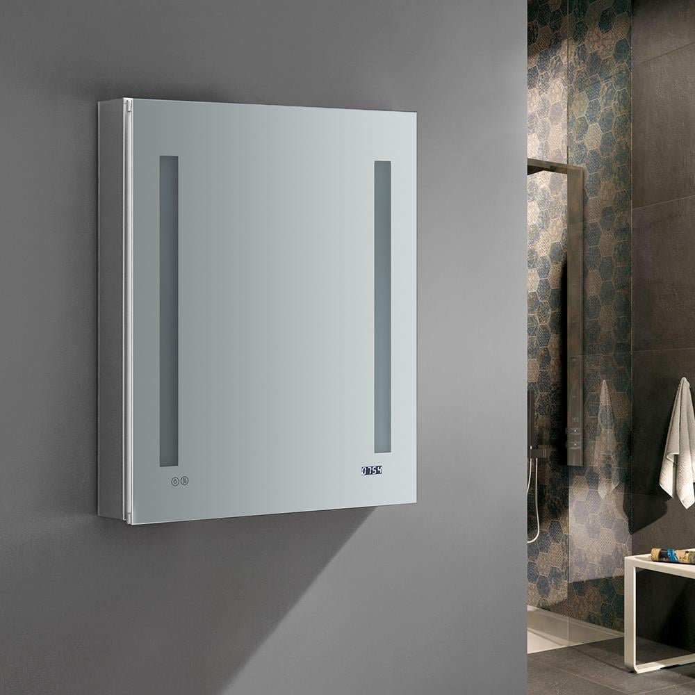Fresca Tiempo 24-in x 30-in Lighted LED Fog Free Surface/Recessed Mount LED Lighting- Right Mirrored Soft Close Medicine Cabinet with Outlet