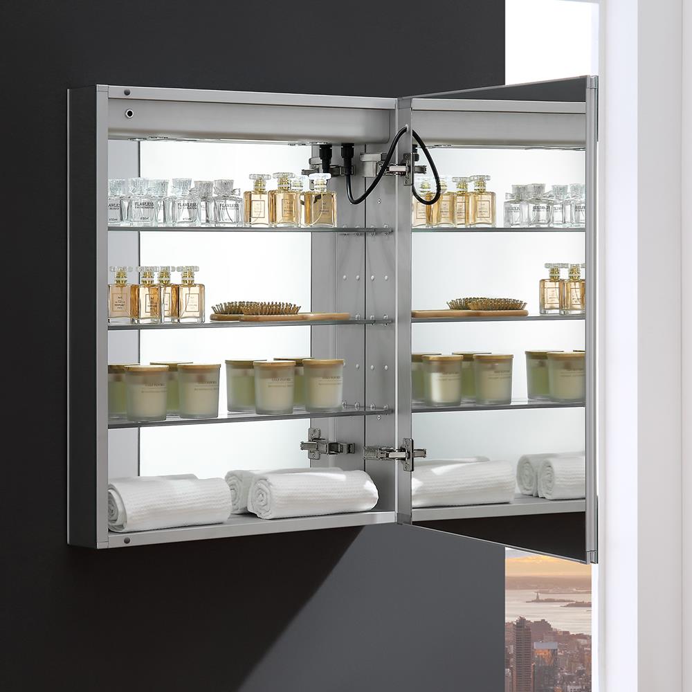 Fresca Tiempo 24-in x 30-in Lighted LED Fog Free Surface/Recessed Mount LED Lighting- Right Mirrored Soft Close Medicine Cabinet with Outlet