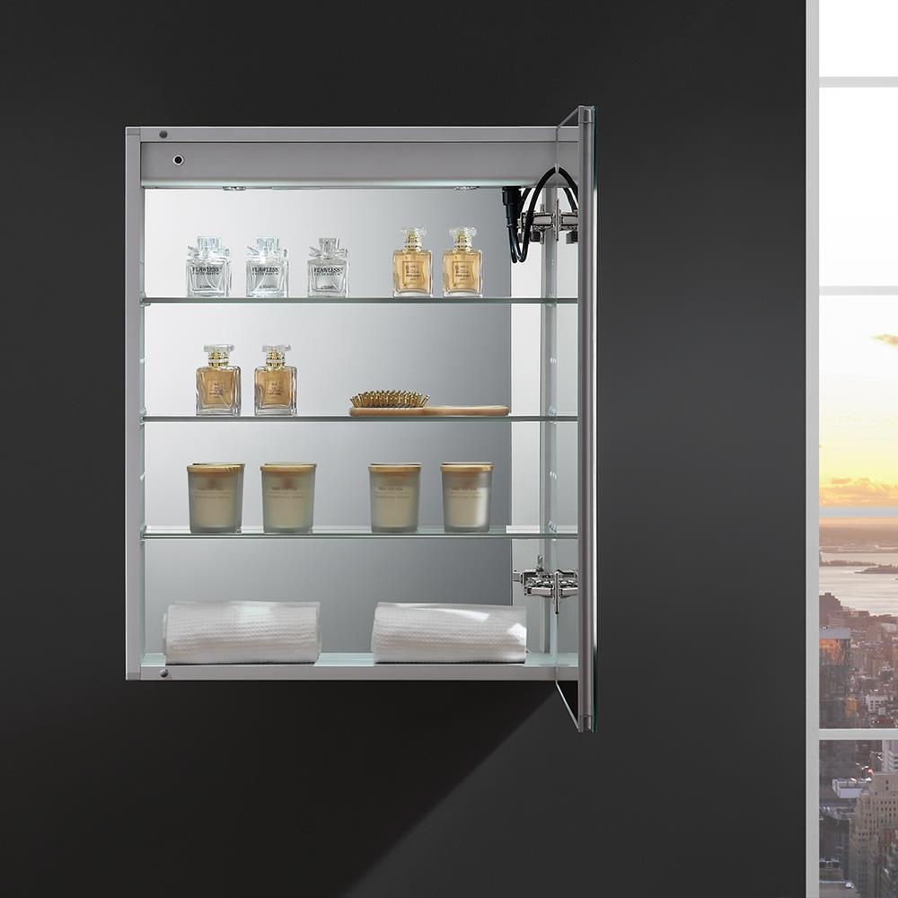 Fresca Tiempo 24-in x 30-in Lighted LED Fog Free Surface/Recessed Mount LED Lighting- Right Mirrored Soft Close Medicine Cabinet with Outlet