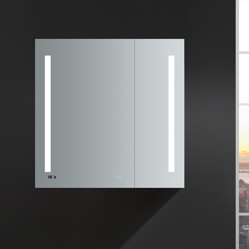 Fresca Tiempo 35.4-in x 35.4-in Lighted LED Fog Free Surface/Recessed Mount LED Lighting Mirrored Soft Close Medicine Cabinet with Outlet